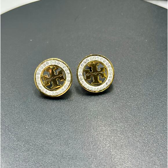 Tory Burch Miller Pavé Stud Gold Plated White Enamel Crystal Round Earrings - Picture 10 of 10